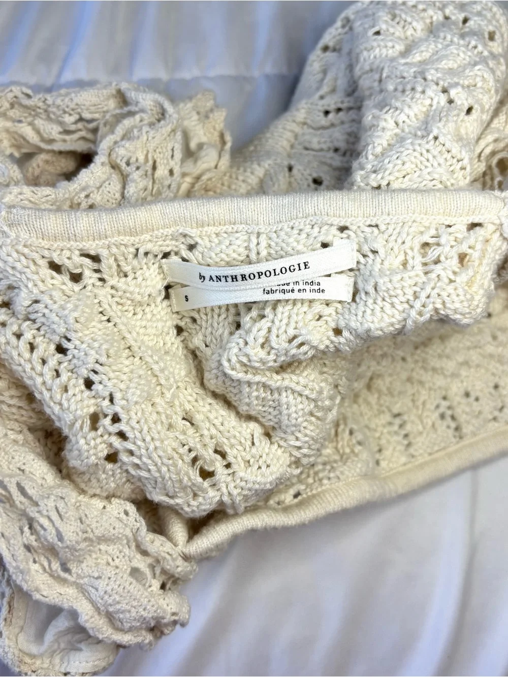 Anthropologie Cream Off-the-Shoulder Lace-Trim Knit Sweater